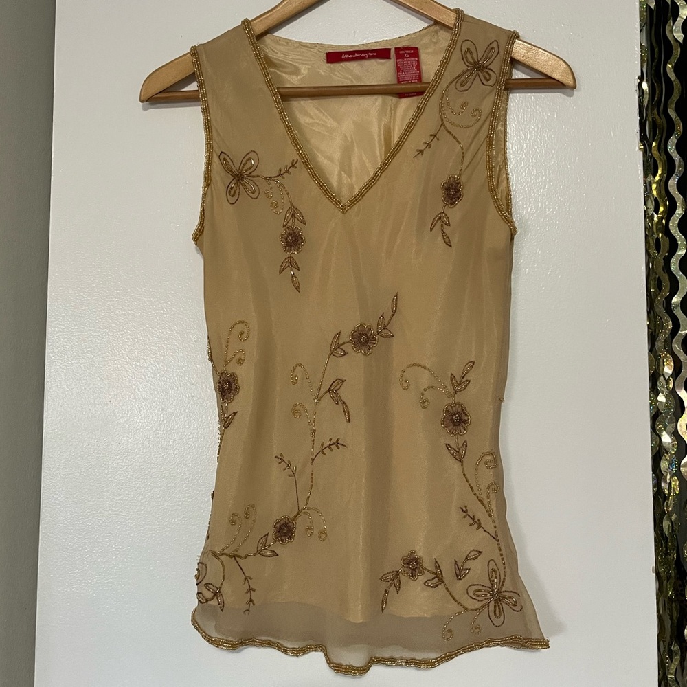 Tan and gold beaded floral top vintage with brand strawberry faire